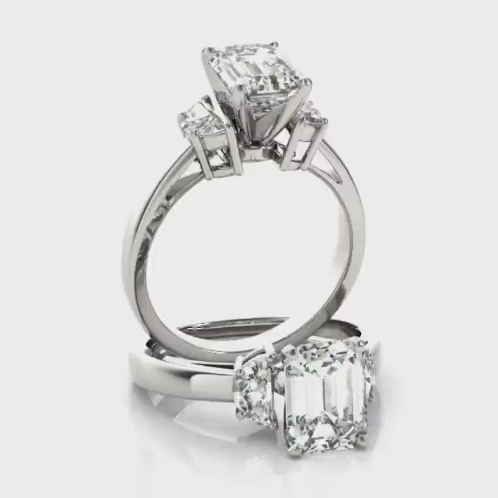 Alia Emerald Cut Half-Moon 3-Stone Engagement Ring| Lab Created Engagement Ring | Sterling Silver Engagement Ring