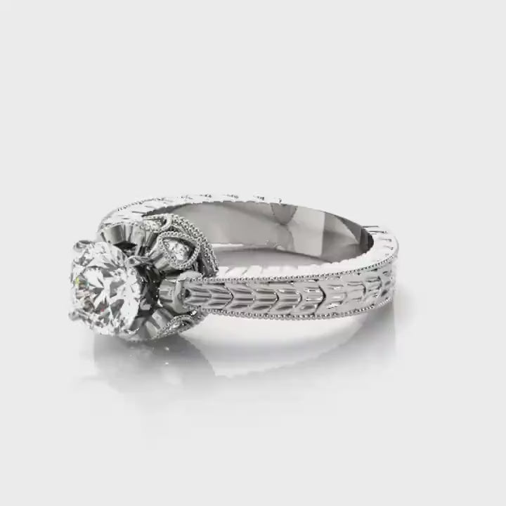 Alaina Round Brilliant Vintage Crown Deluxe Engagement Ring | Sterling Silver Engagement Ring | Alternative Engagement Ring