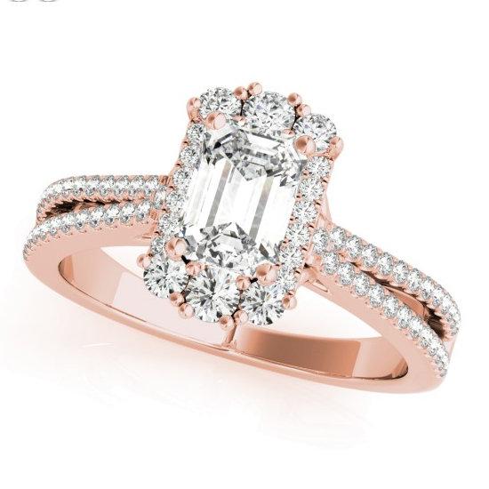 Sakcon Jewelers Ring 14k Rose Gold Moissanite Emerald Cut Diamond Pave Split Engagement Ring